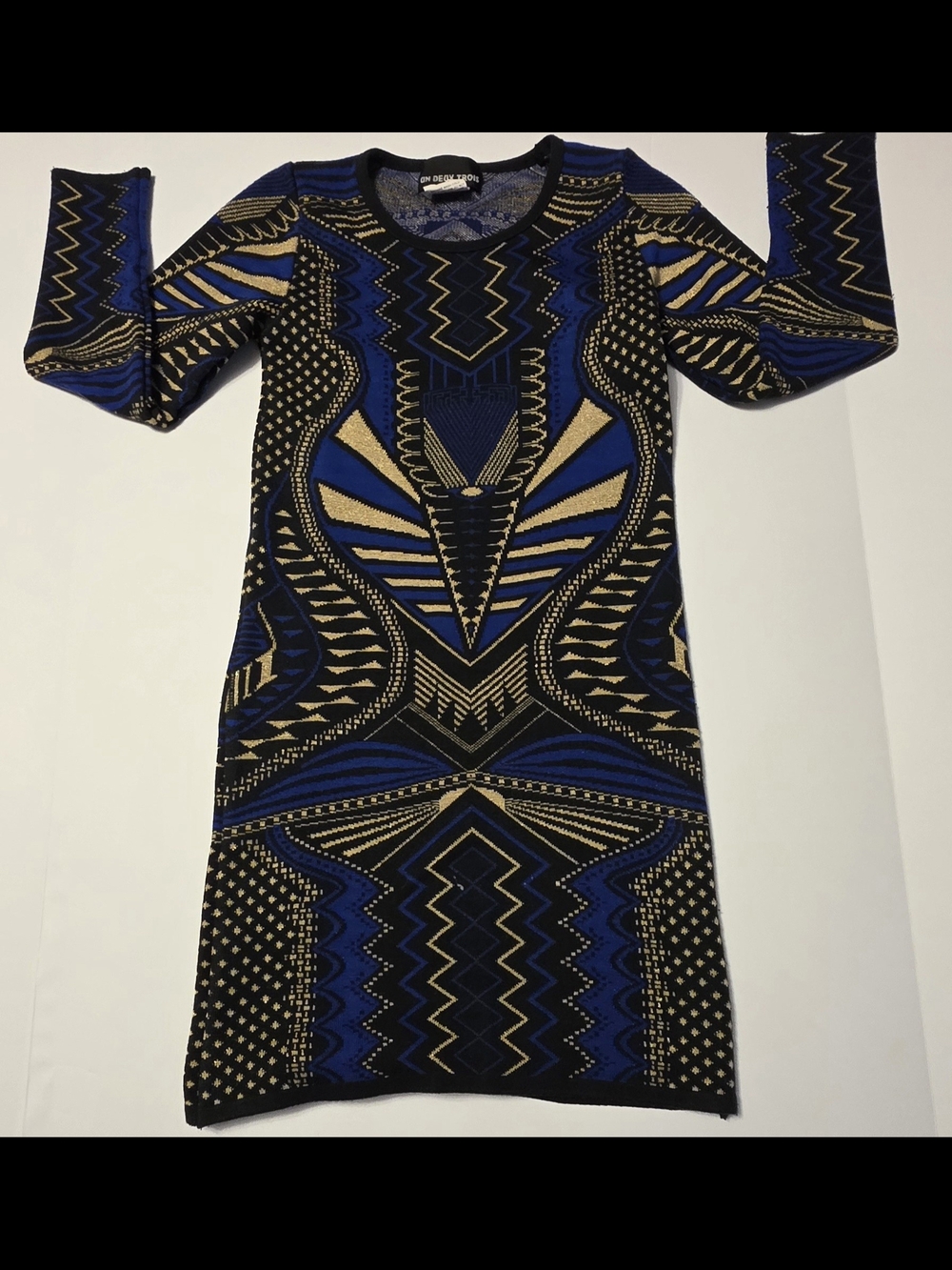 Un Deux Trois Blue & Gold Geometric Knit Dress Kids Large